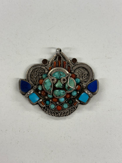 Handmade Tibetan Multicoloured Metal and Stone Medallion