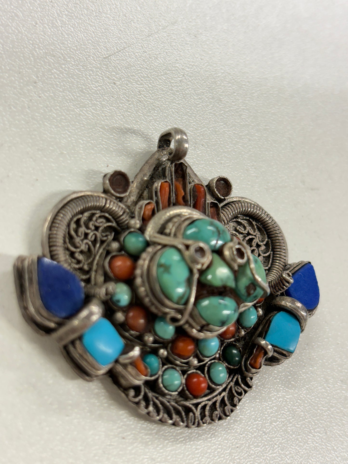 Handmade Tibetan Multicoloured Metal and Stone Medallion