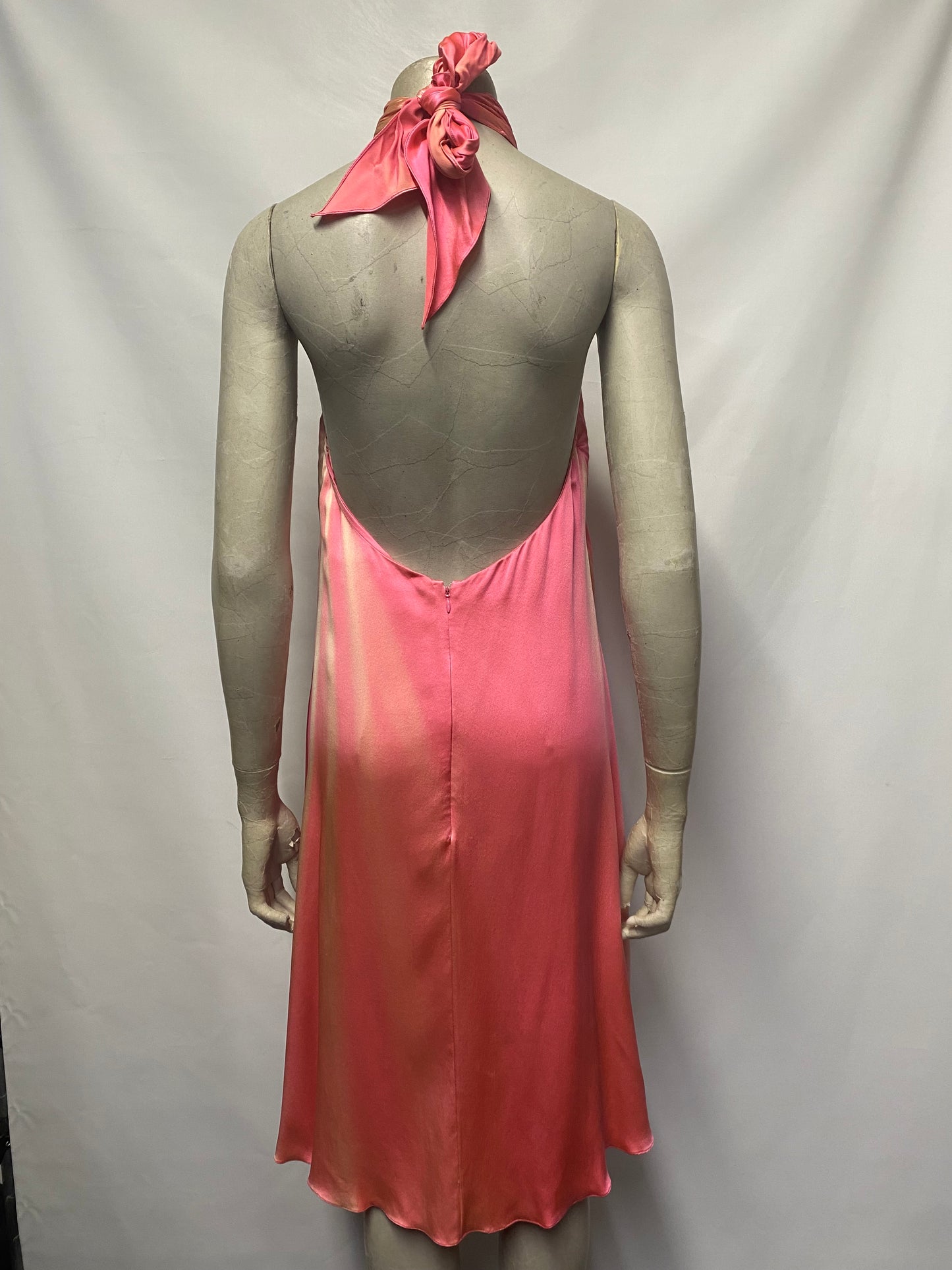 Patric Casey Rose Pink Silk Ruffled Backless Halterneck Midi Dress Size 10