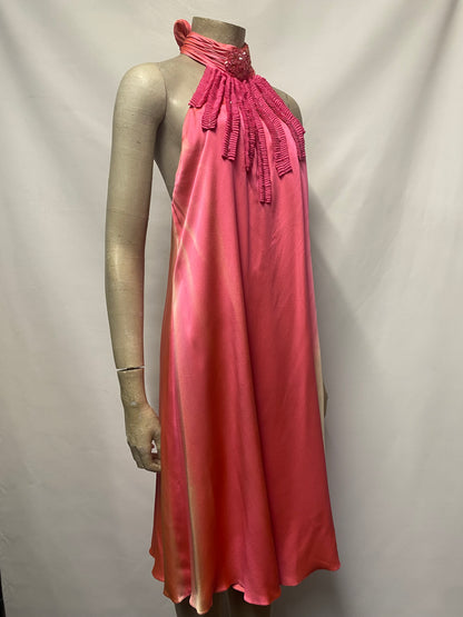 Patric Casey Rose Pink Silk Ruffled Backless Halterneck Midi Dress Size 10