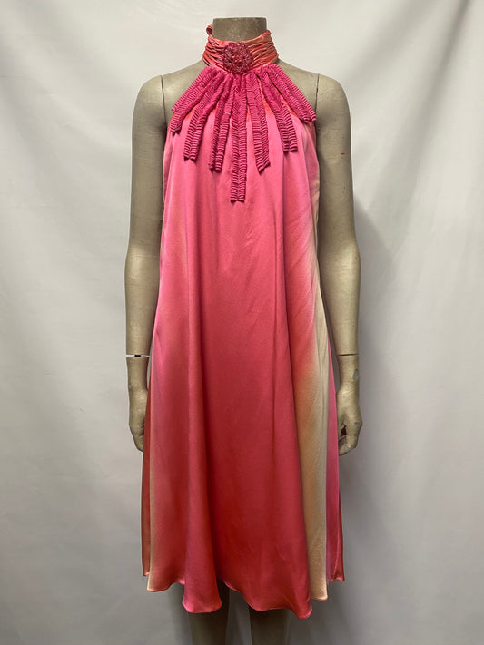 Patric Casey Rose Pink Silk Ruffled Backless Halterneck Midi Dress Size 10