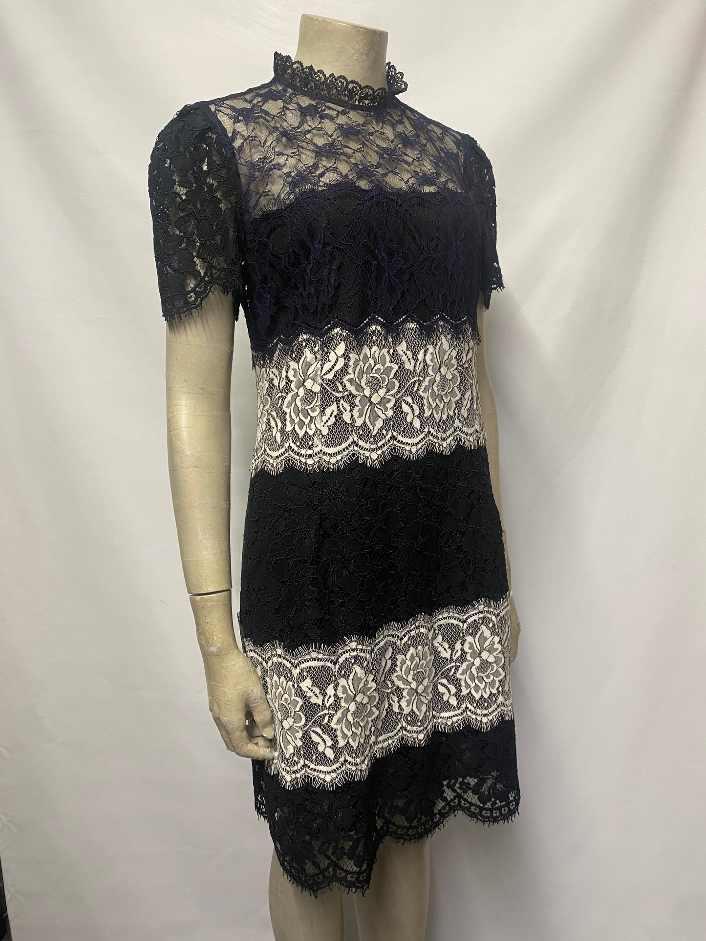 Sandro Black, Navy and White Striped Lace Midi Dress 3/12