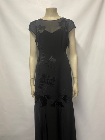 Halston Black Mesh Floral Gown Size UK 10, US 6