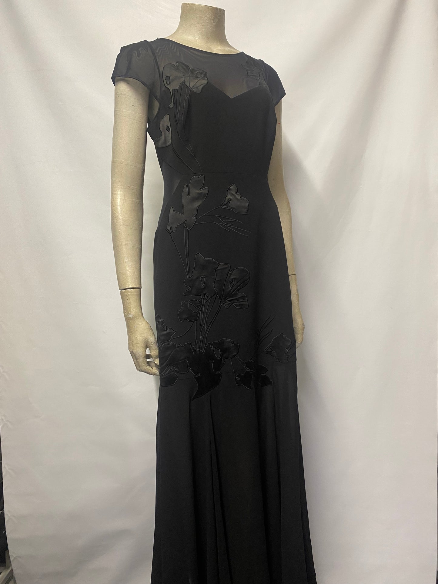 Halston Black Mesh Floral Gown Size UK 10, US 6