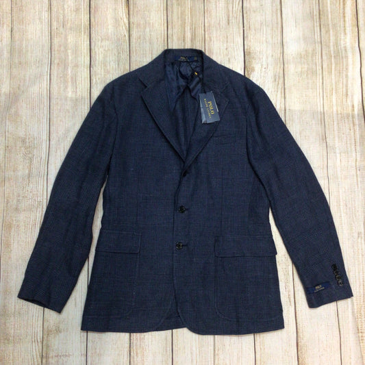 BNWT Polo Ralph Lauren Navy Blue Linen Wool Plaid Print Blazer Jacket Size 40R