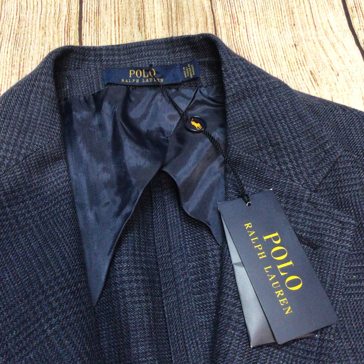 BNWT Polo Ralph Lauren Navy Blue Linen Wool Plaid Print Blazer Jacket Size 40R