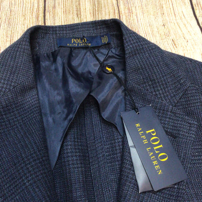 BNWT Polo Ralph Lauren Navy Blue Linen Wool Plaid Print Blazer Jacket Size 40R