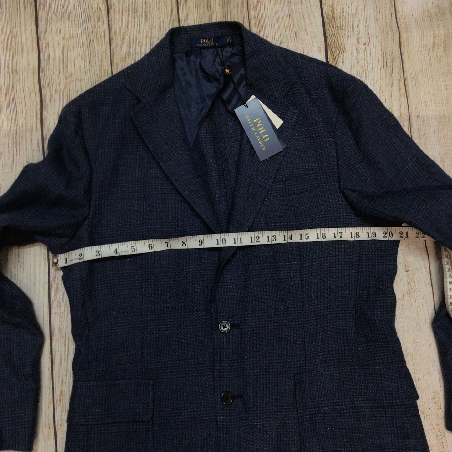 BNWT Polo Ralph Lauren Navy Blue Linen Wool Plaid Print Blazer Jacket Size 40R