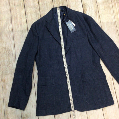 BNWT Polo Ralph Lauren Navy Blue Linen Wool Plaid Print Blazer Jacket Size 40R
