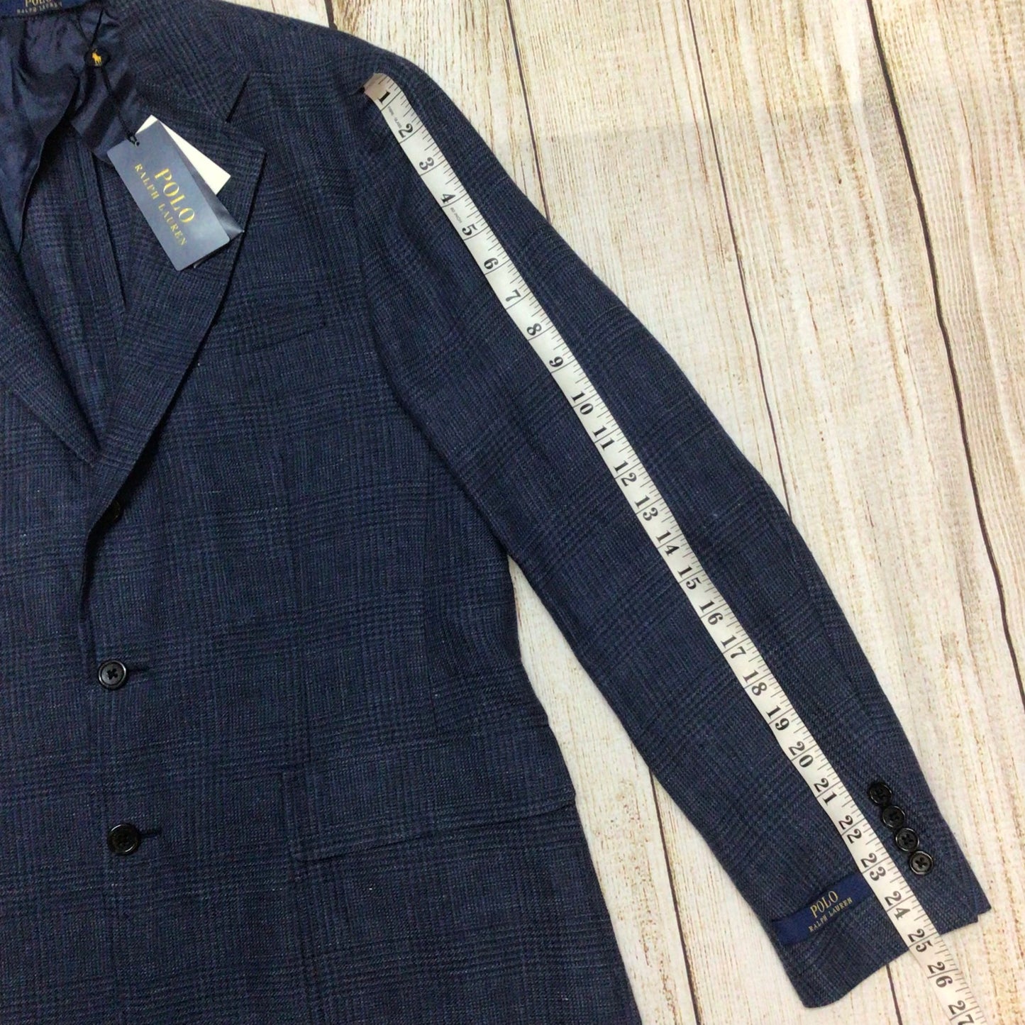 BNWT Polo Ralph Lauren Navy Blue Linen Wool Plaid Print Blazer Jacket Size 40R