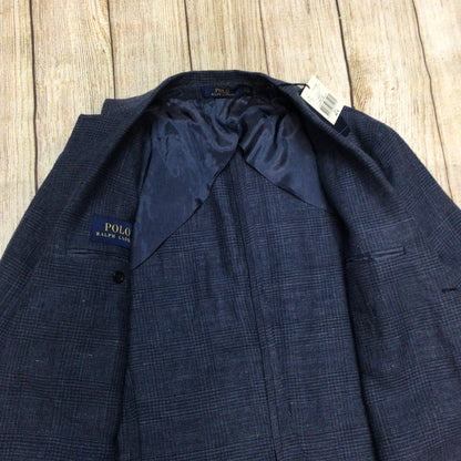 BNWT Polo Ralph Lauren Navy Blue Linen Wool Plaid Print Blazer Jacket Size 40R