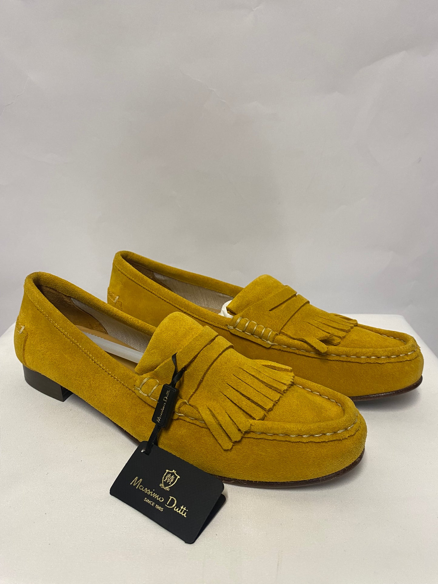 Massimo Dutti Mustard Yellow Fringed Suede Loafers 8 BNWT