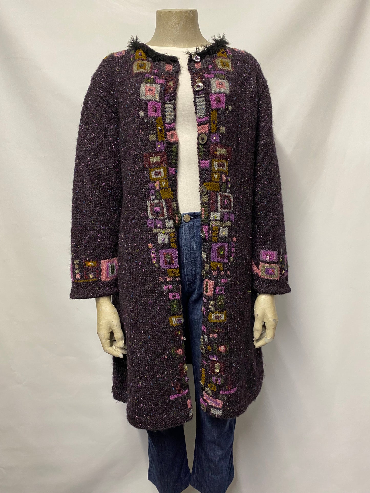 Muir & Osborne Purple Wool Hand Made Knitted Long Cardigan Medium