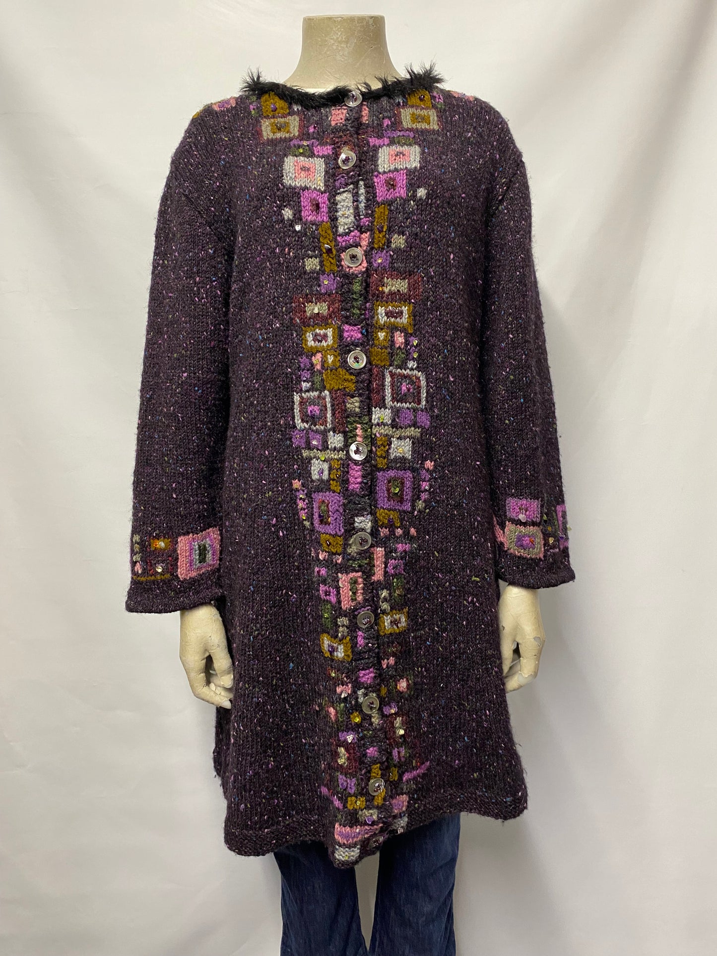 Muir & Osborne Purple Wool Hand Made Knitted Long Cardigan Medium