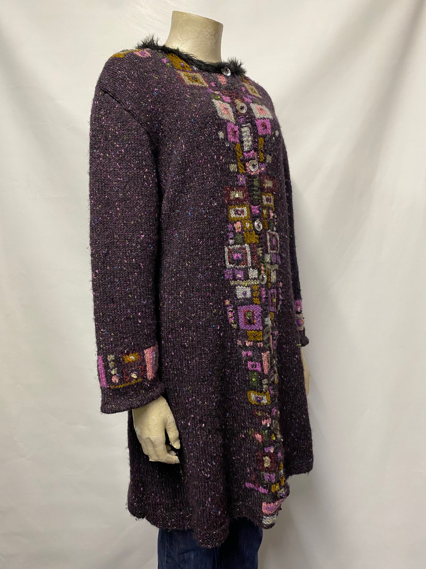 Muir & Osborne Purple Wool Hand Made Knitted Long Cardigan Medium