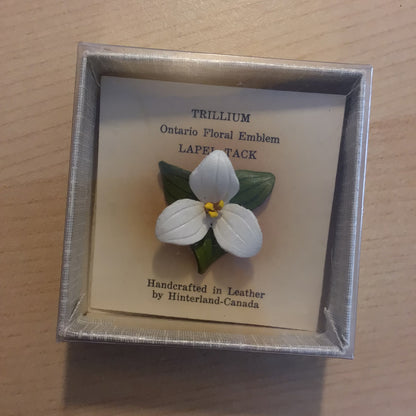 Vintage Trillium Lapel Tack, Handcrafted in Leather by Hinterland Canada Pin Badge