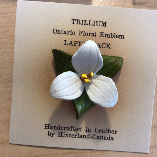 Vintage Trillium Lapel Tack, Handcrafted in Leather by Hinterland Canada Pin Badge