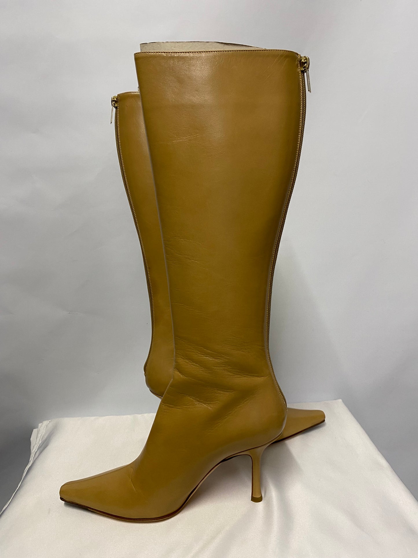 Jimmy Choo Tan Leather Heeled Calf Boots 4.5 with dustbag