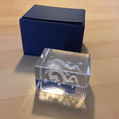 Laser Etched 3D Cuboid Glass Paperweight, Chinese Dragon