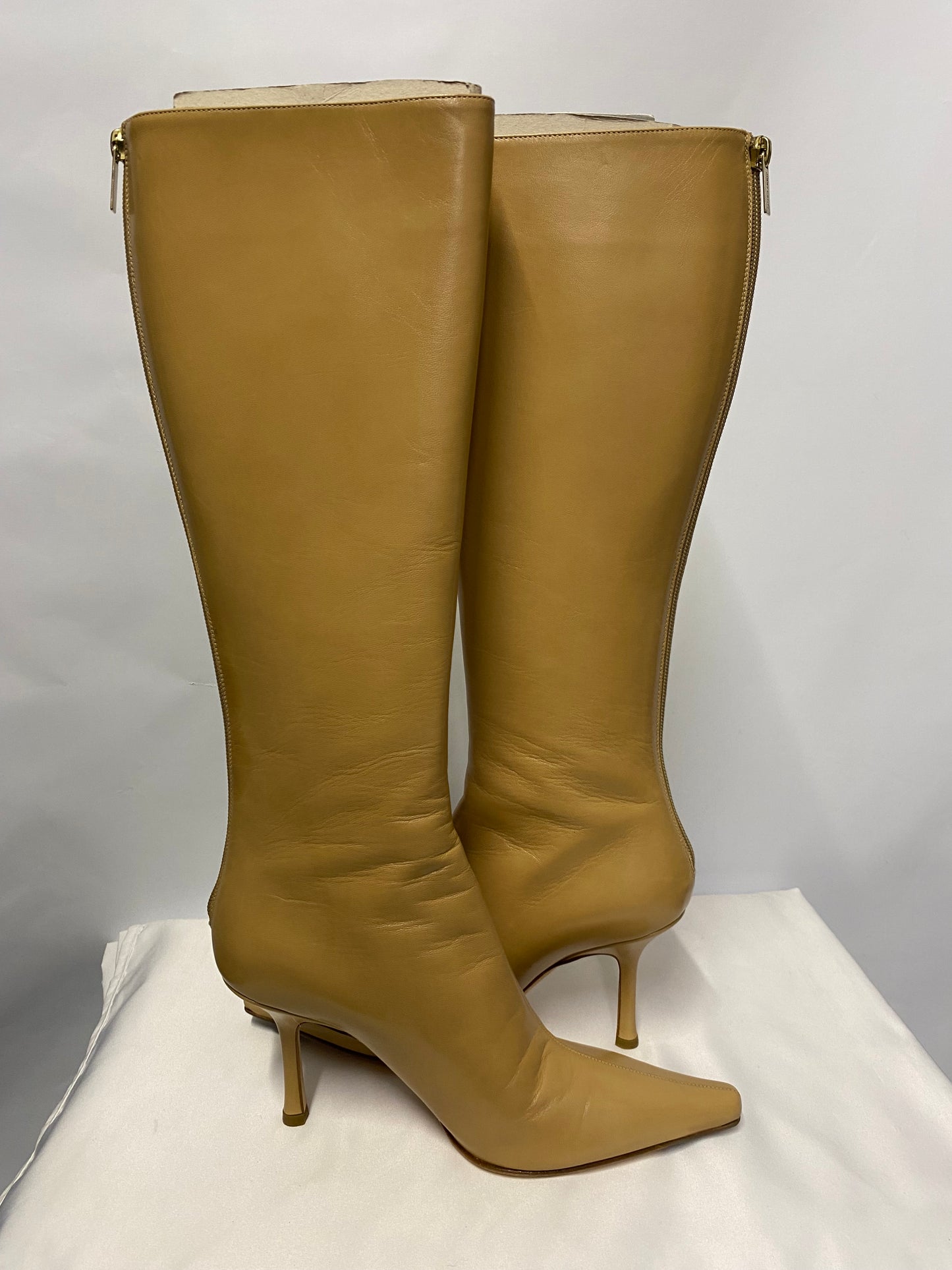 Jimmy Choo Tan Leather Heeled Calf Boots 4.5 with dustbag