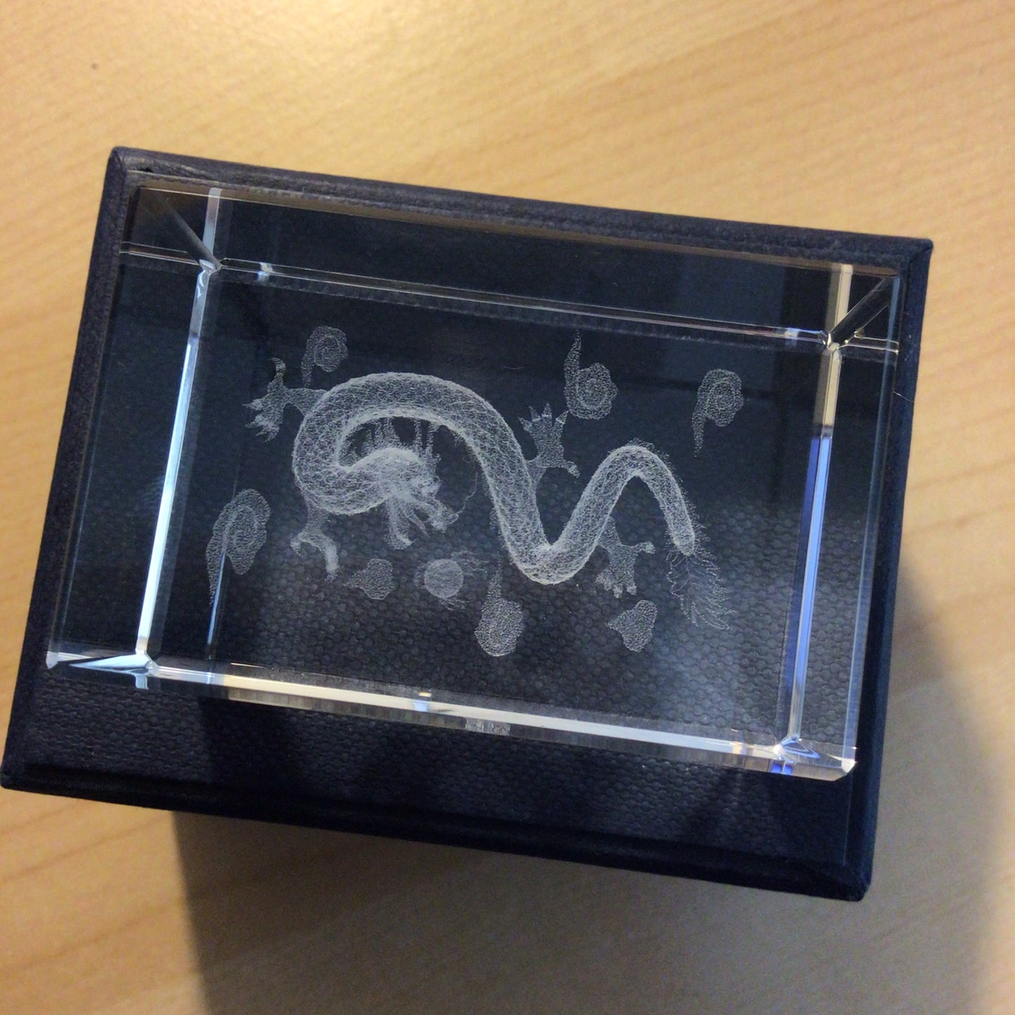 Laser Etched 3D Cuboid Glass Paperweight, Chinese Dragon