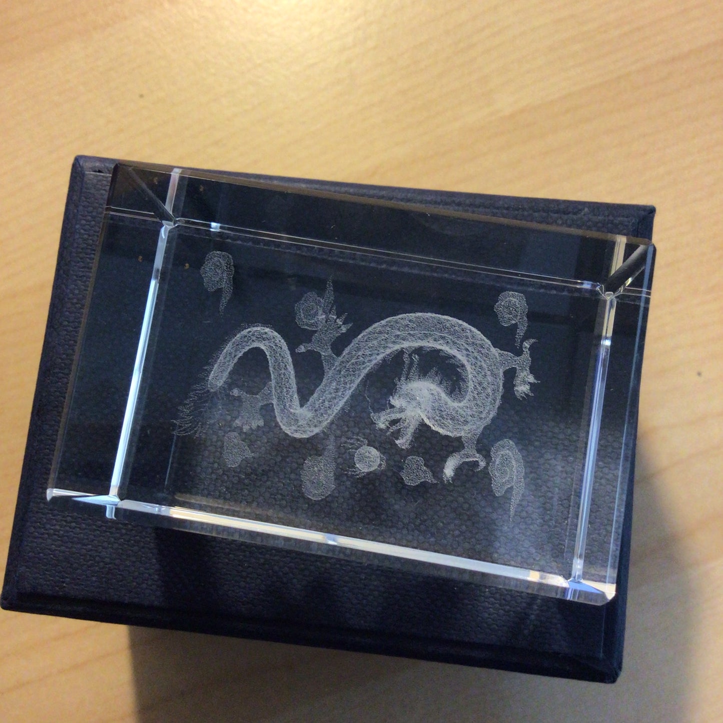 Laser Etched 3D Cuboid Glass Paperweight, Chinese Dragon