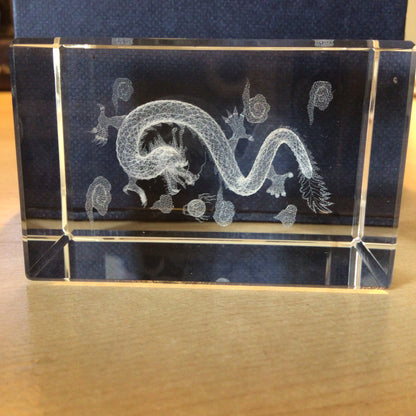 Laser Etched 3D Cuboid Glass Paperweight, Chinese Dragon