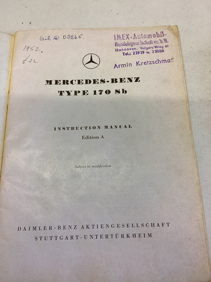 Mercedes Benz Type 170 SB Introduction Manual Edition A