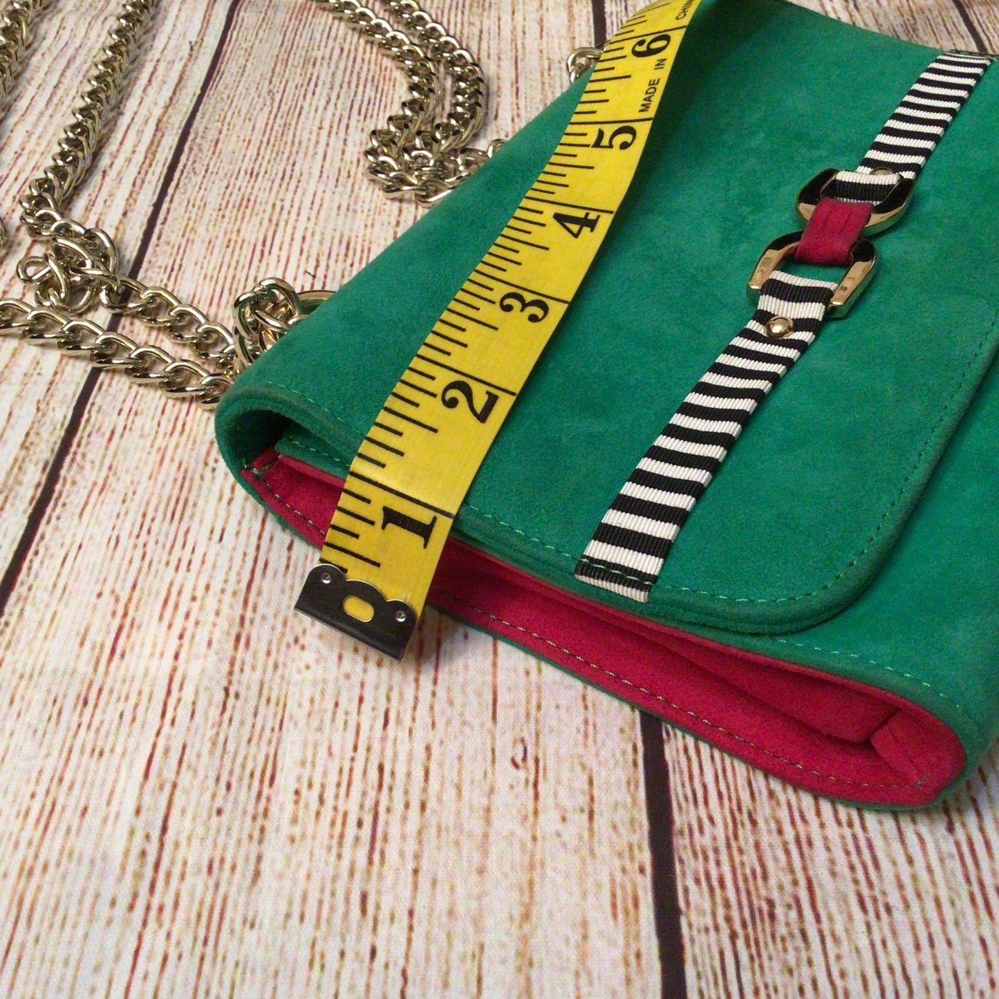 Russell & Bromley Green & Pink Chain Leather Clutch Bag w/Dustbag