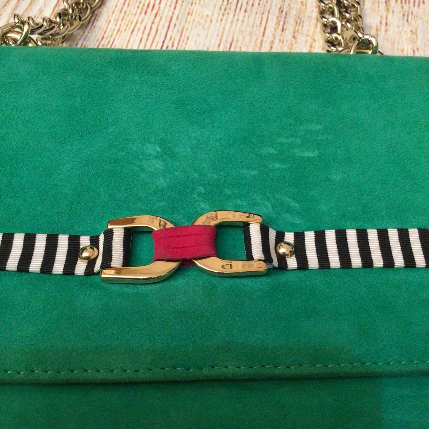 Russell & Bromley Green & Pink Chain Leather Clutch Bag w/Dustbag