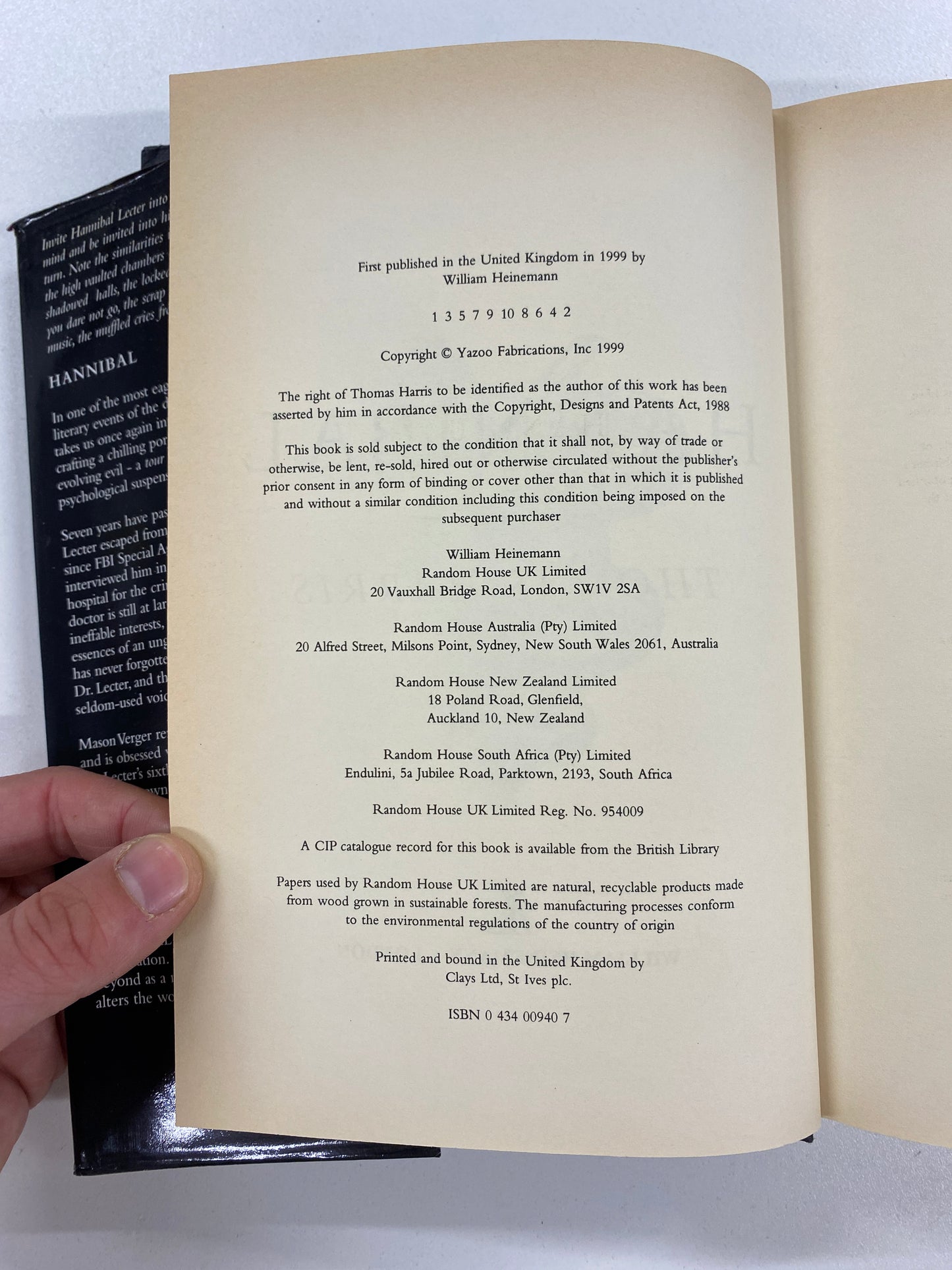 Hannibal First Edition, Thomas Harris, William Heinemann: London, 1999