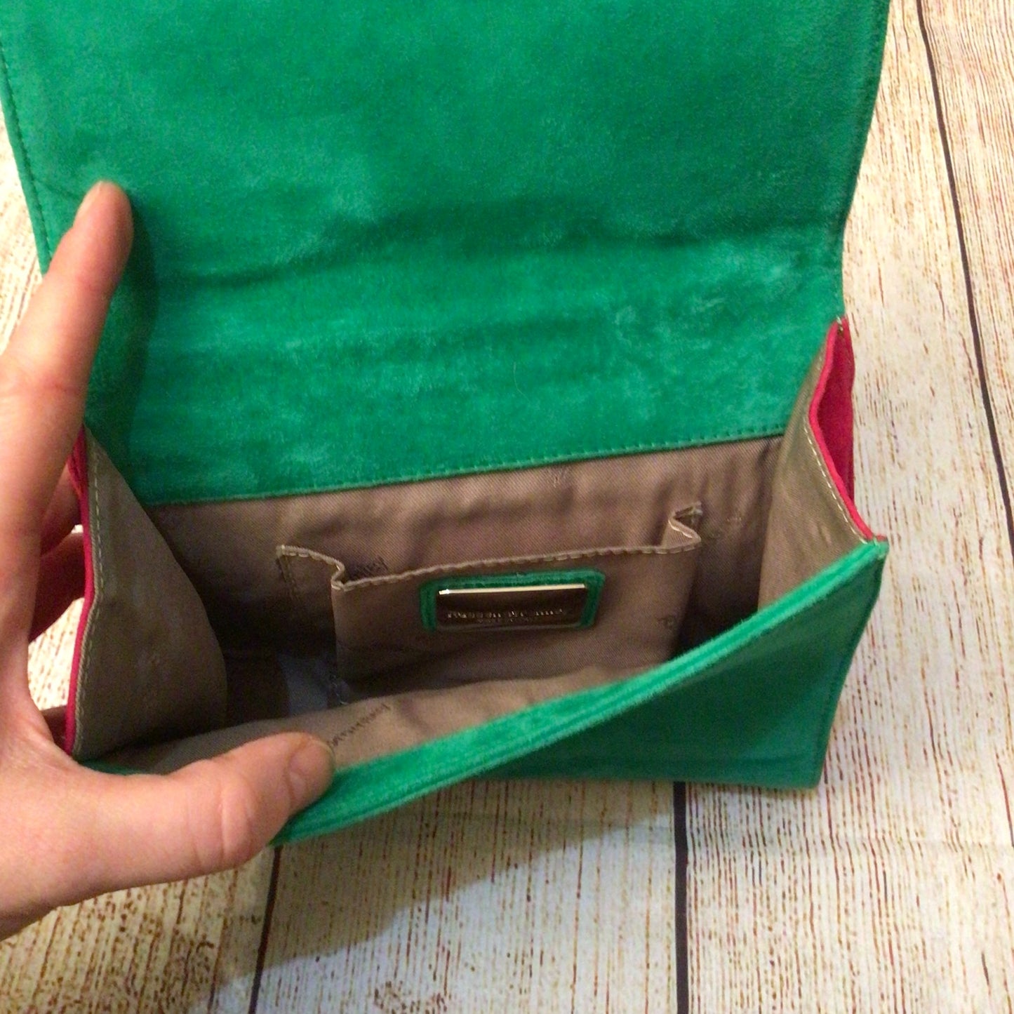 Russell & Bromley Green & Pink Chain Leather Clutch Bag w/Dustbag