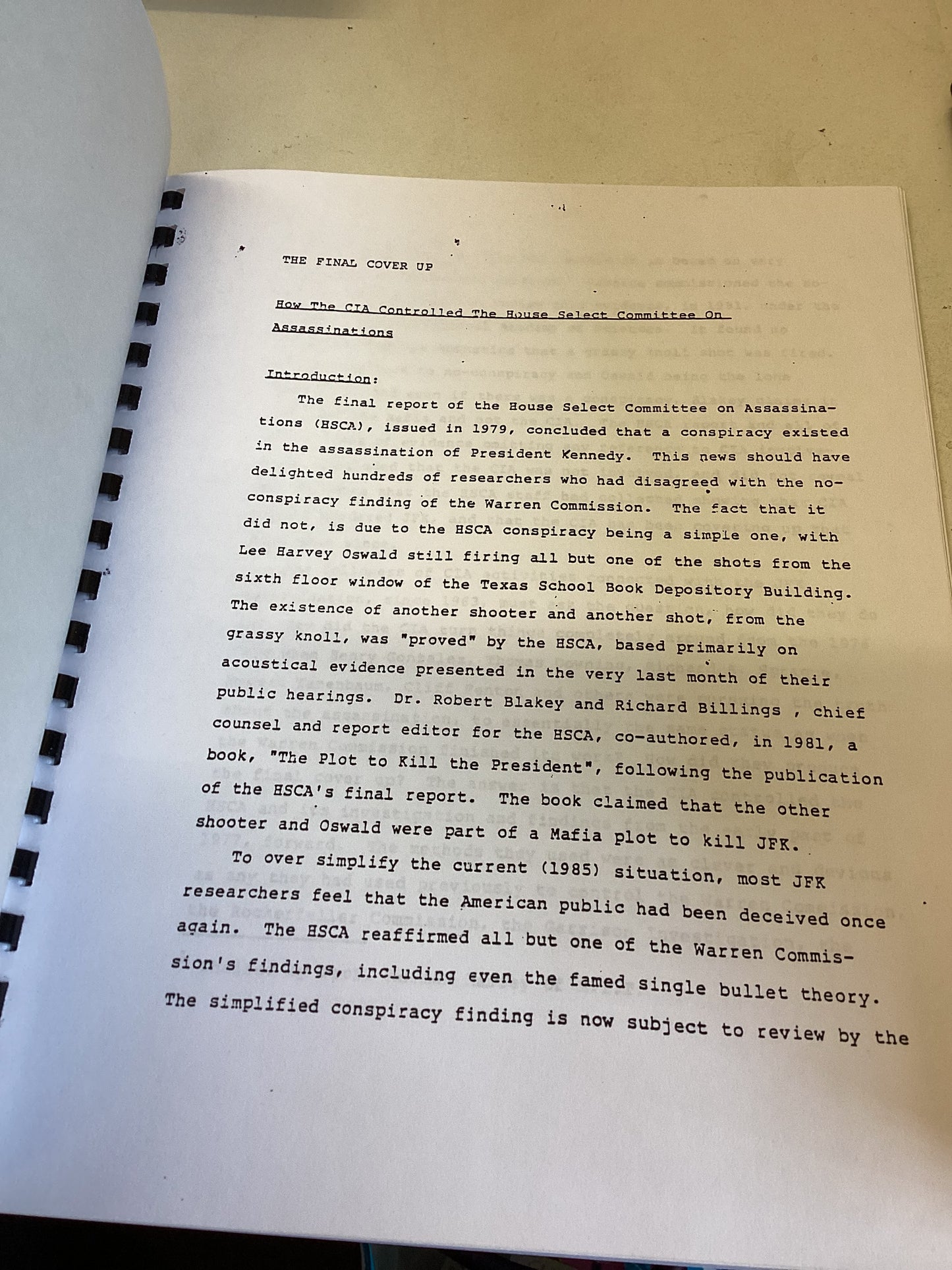 The Final Cover Up  How The CIA Controlled The House Select Committee  Assassinations Fassimile Copy