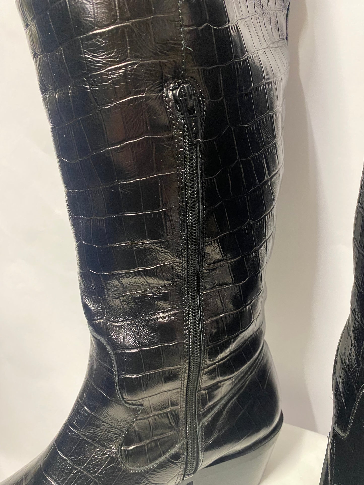 Jigsaw Black Croc Effect Leather Western Style Knee High Boots 8