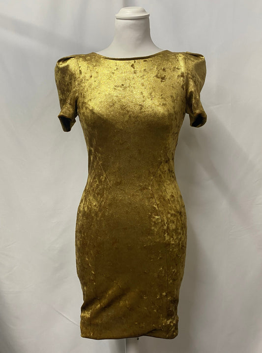 Torn By Ronny Kobo Gold Crushed Velvet Short Sleeve Dress Extra Small