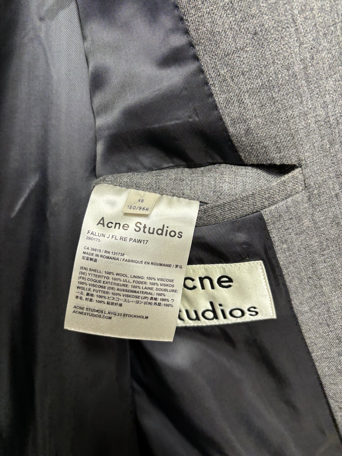 Acne Studios Grey Wool Two Piece Suit 48/50 (W34 Trousers)