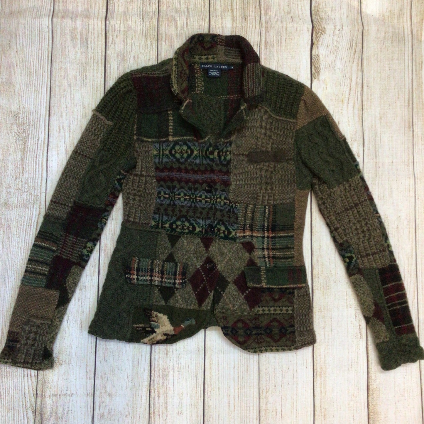 Ralph Lauren Green Brown Patchwork Lambswool Blend Cardigan Size M