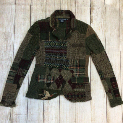 Ralph Lauren Green Brown Patchwork Lambswool Blend Cardigan Size M