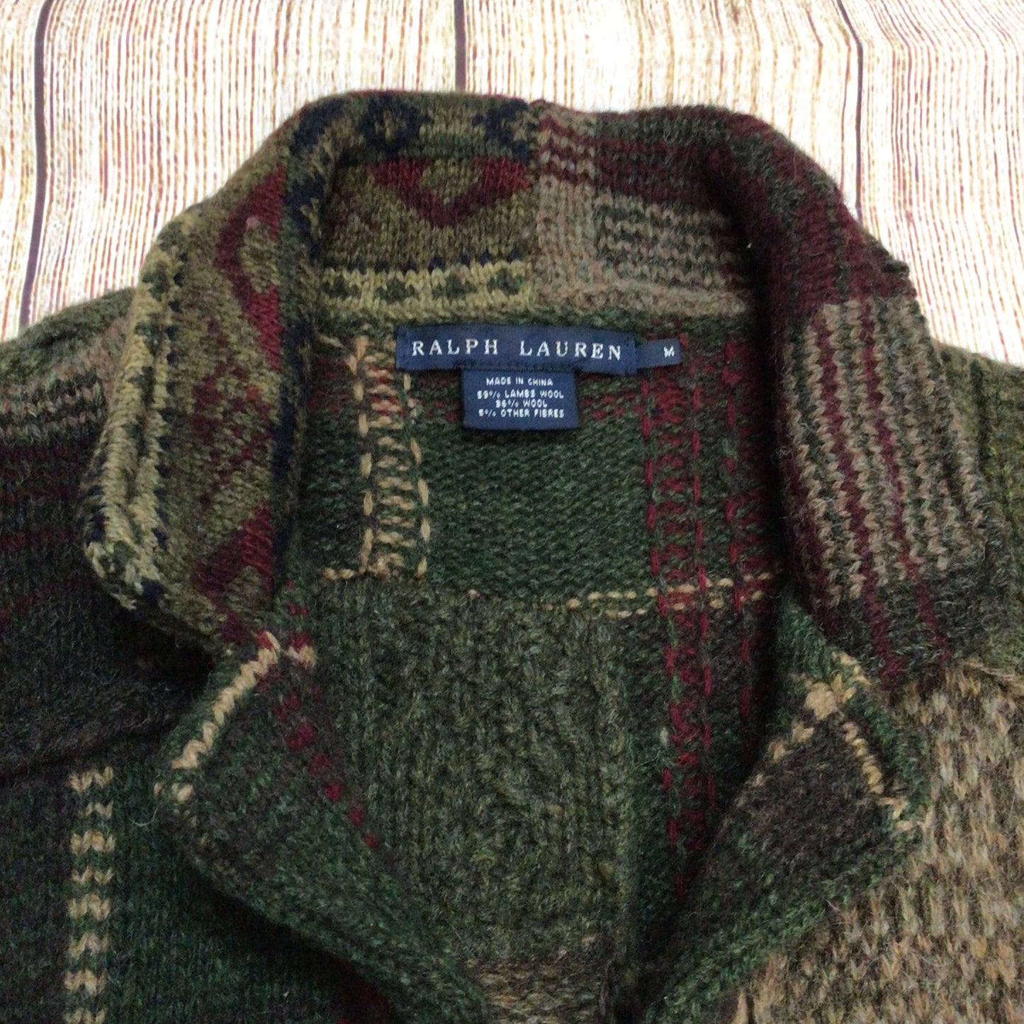 Ralph Lauren Green Brown Patchwork Lambswool Blend Cardigan Size M
