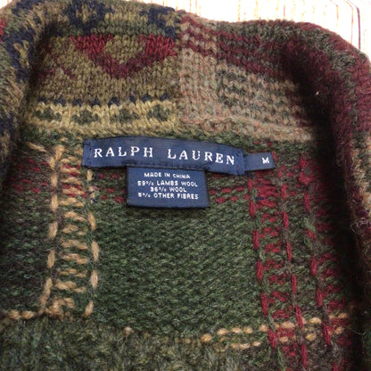 Ralph Lauren Green Brown Patchwork Lambswool Blend Cardigan Size M