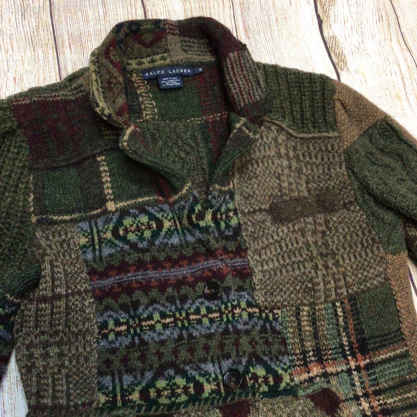 Ralph Lauren Green Brown Patchwork Lambswool Blend Cardigan Size M