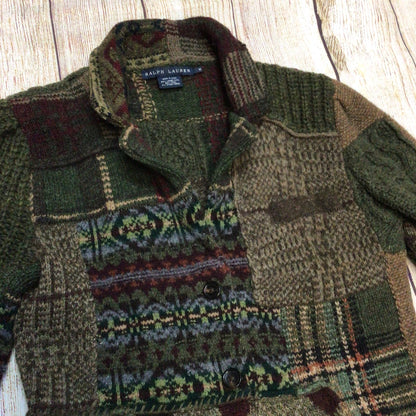Ralph Lauren Green Brown Patchwork Lambswool Blend Cardigan Size M