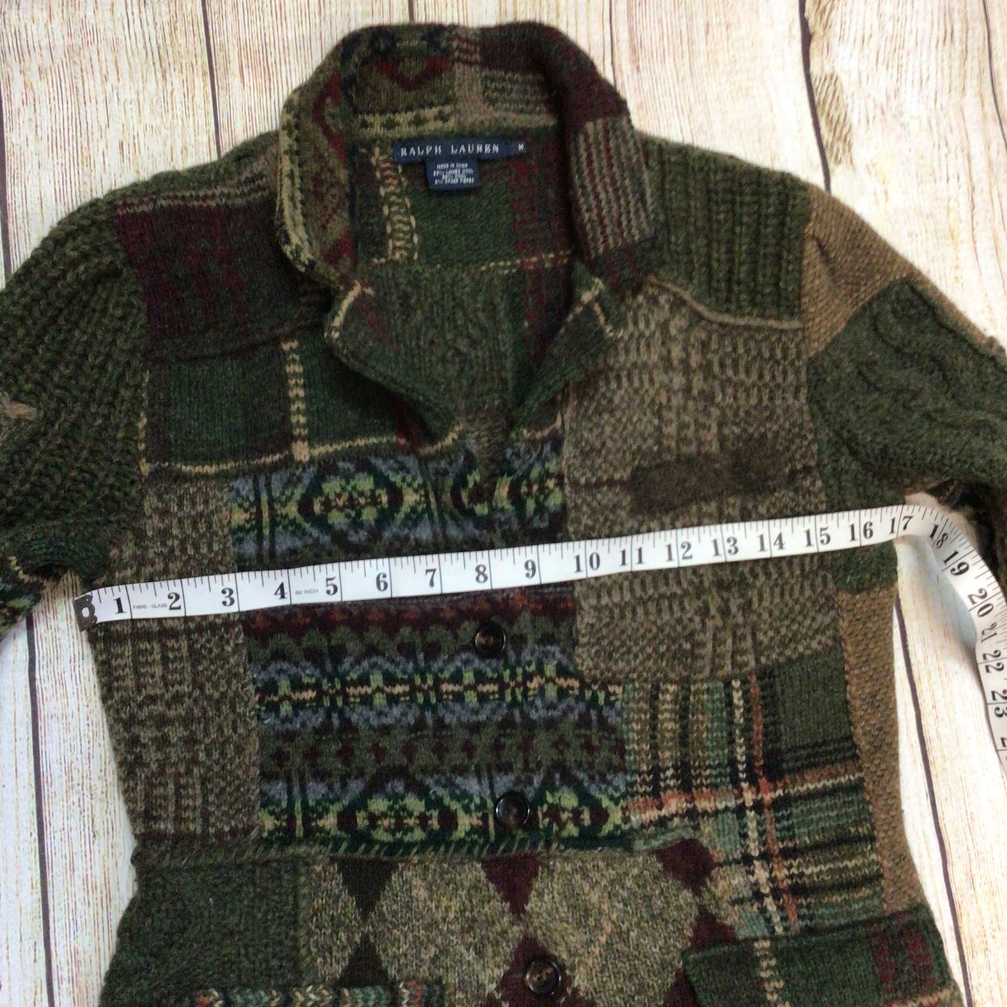Ralph Lauren Green Brown Patchwork Lambswool Blend Cardigan Size M