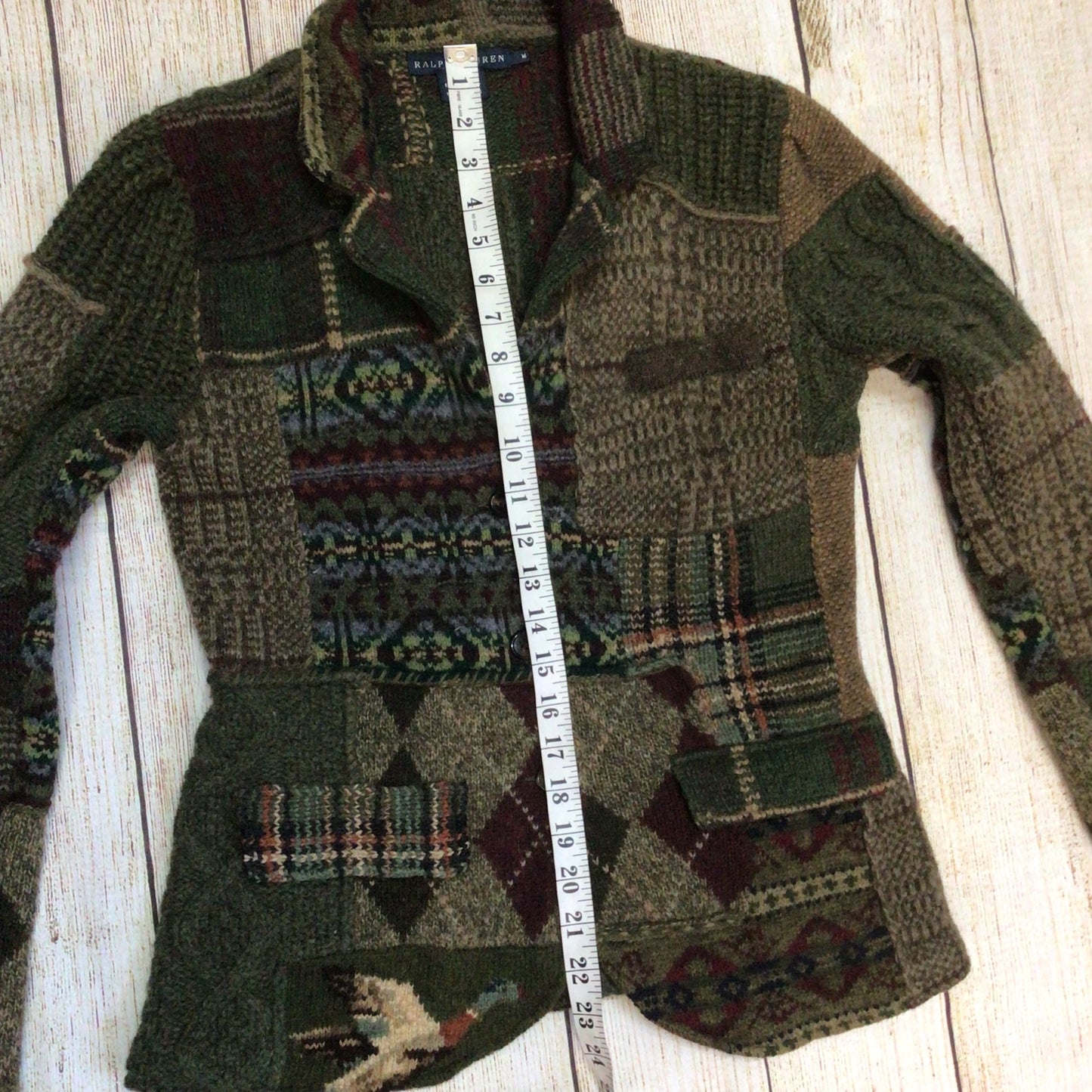 Ralph Lauren Green Brown Patchwork Lambswool Blend Cardigan Size M