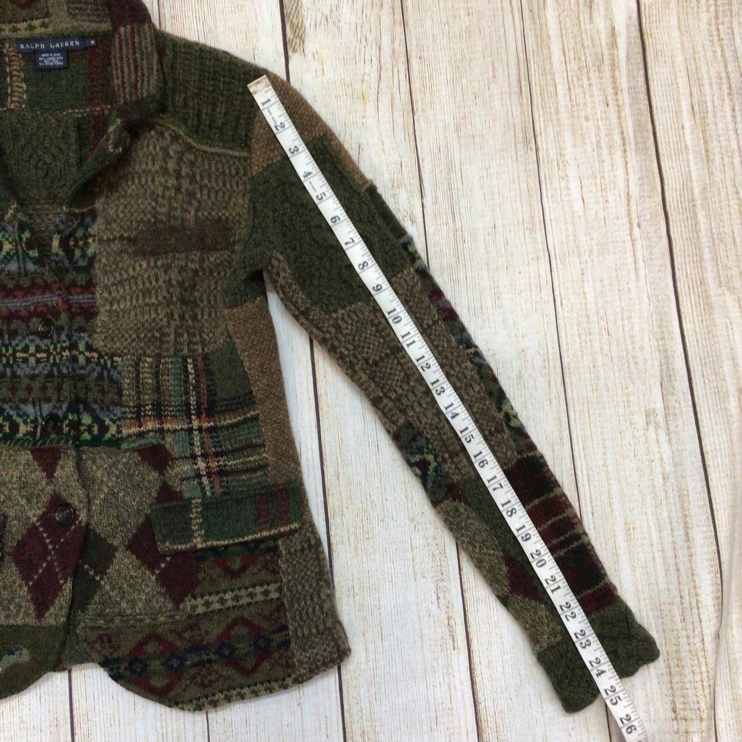Ralph Lauren Green Brown Patchwork Lambswool Blend Cardigan Size M