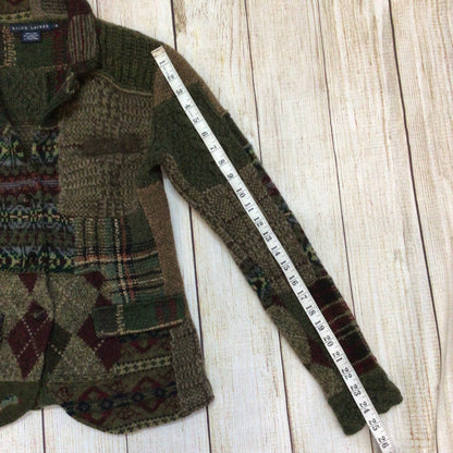 Ralph Lauren Green Brown Patchwork Lambswool Blend Cardigan Size M
