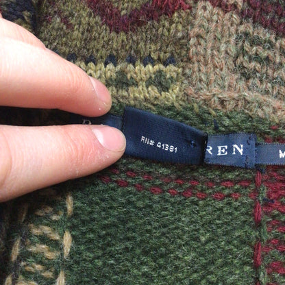 Ralph Lauren Green Brown Patchwork Lambswool Blend Cardigan Size M