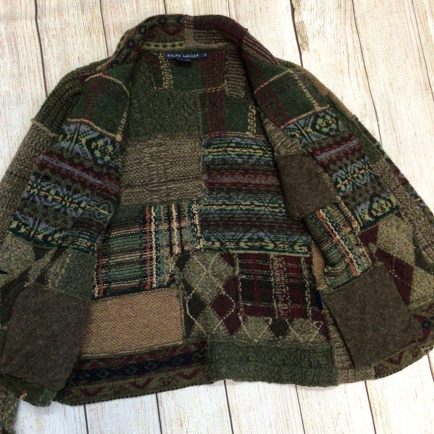 Ralph Lauren Green Brown Patchwork Lambswool Blend Cardigan Size M