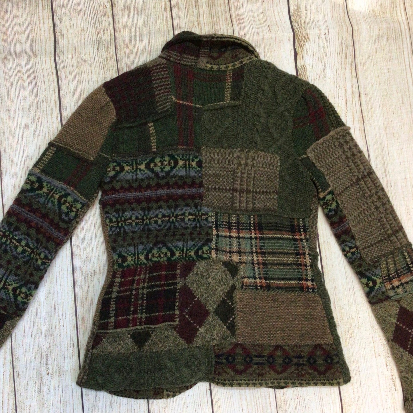 Ralph Lauren Green Brown Patchwork Lambswool Blend Cardigan Size M