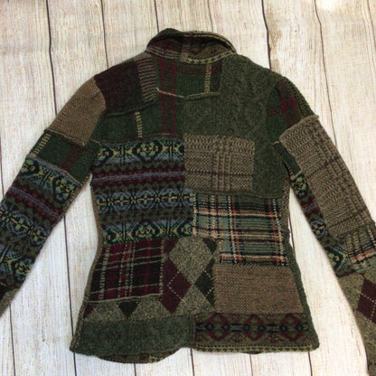 Ralph Lauren Green Brown Patchwork Lambswool Blend Cardigan Size M